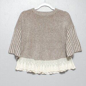 THML Anthropologie crop thick ribbed lace hem short sleeve sweater